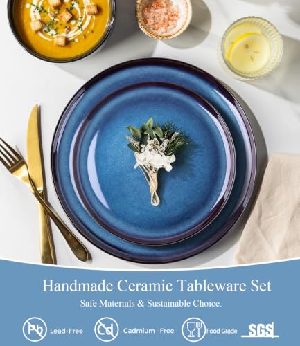 LeRatio Ceramic Dinnerware Set for 4 - Modern Blue 12 Pieces, Plates & Bowls