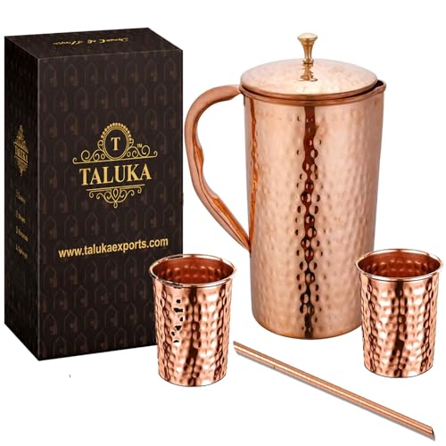 Taluka Handcrafted Copper Water Pitcher with Lid & Tumblers - 70oz / 2000ml