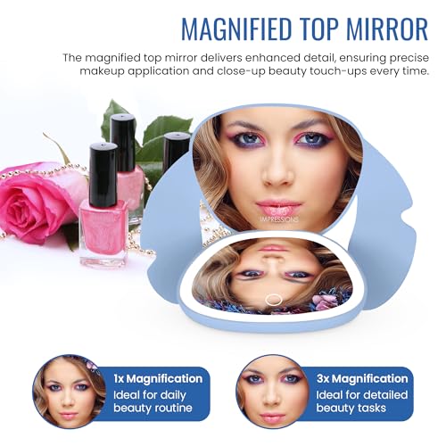 Impressions Vanity Stitch Ohana LED Compact Mirror with Lights, Lighted Travel Makeup Mirror with 3X Magnification, Adjustable Brightness, and Soft Touch Velvety Finish, Auto Shut-Off