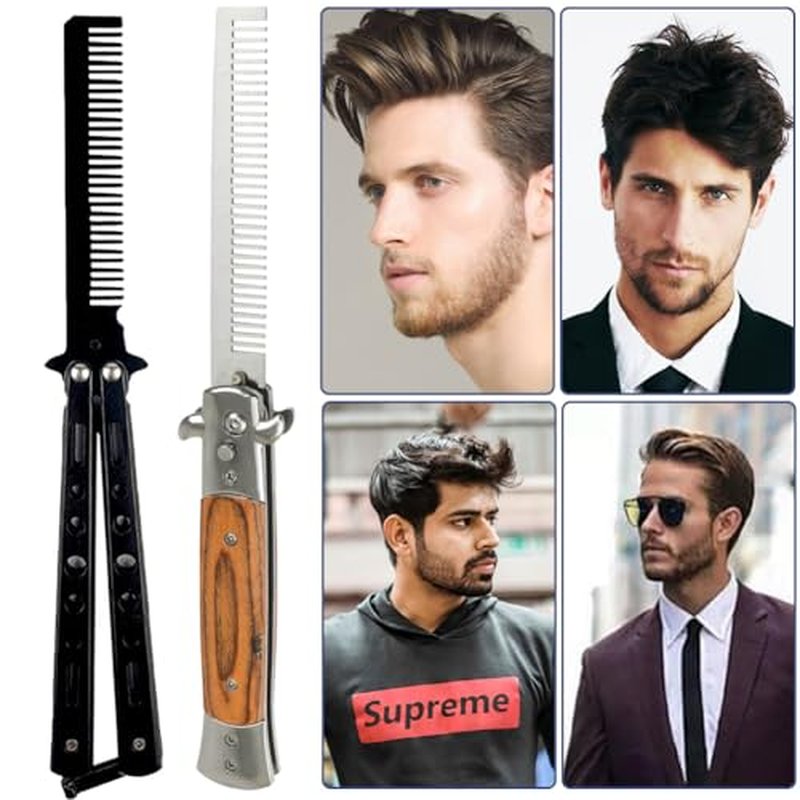 2 Piece Beard Comb, Beard Comb for Men,Folding Mustache Combs for Men, Stainless Steel and Wood Grain Travel Metal Beard Combs,Beard Beauty Tool