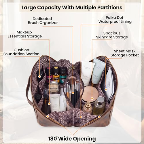 Distressed Brown Full Grain Leather Travel Cosmetic Bag for Women & Men