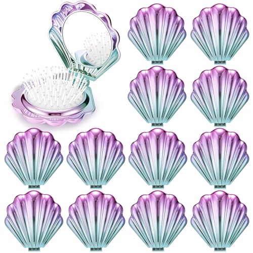 12 Pcs Mermaid Shell Hair Brush with Mirror - Gradient Color, Travel Foldable