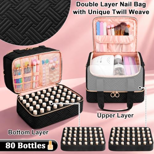 Nail Polish Organizer Bag Holds 80 Bottles with Lamp & Accessories - Black