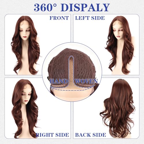 WIGENIUS 24 Inch Curly Synthetic Lace Front Wig - Matte Burgundy Brown Wavy Middle Part with Baby Hair, Breathable Heat-Resistant Hair, T433/327HD
