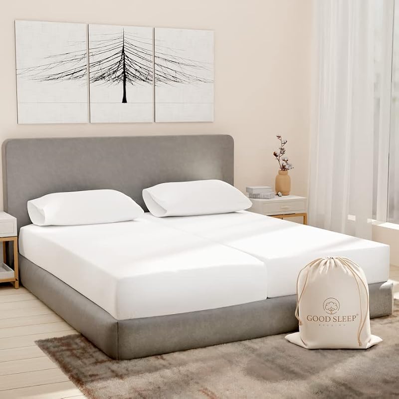 Good Sleep Bedding Split King Sheets Set - 100% Egyptian Cotton, White, Adjustable Bed, Model: Split King / 01