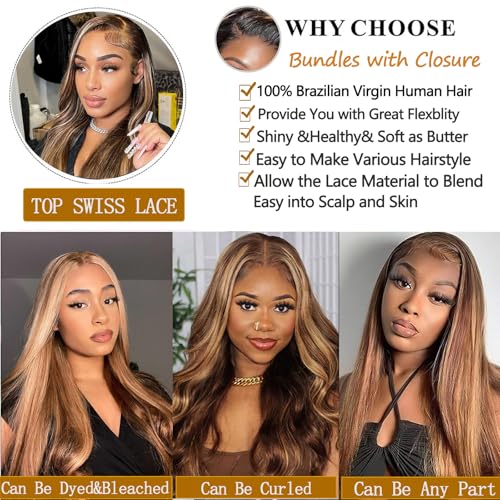 P4/27 Highlight Brown Blonde Human Hair Bundles with 4x4 Lace Closure - Ombre 3 Bundles 12 14 16 + 12 Inch Free Highlight
