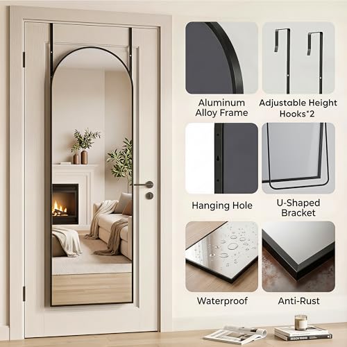 58x20 Inch Over-the-Door Arched Full Length Mirror - Black, Adjustable Hooks