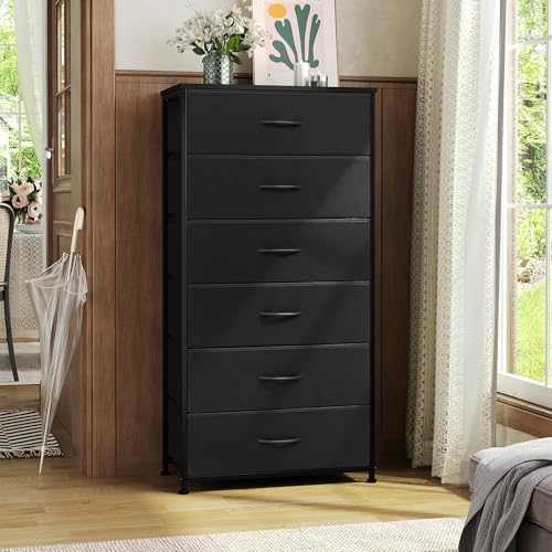 Tall 6-Drawer Fabric Storage Tower Dresser for Closet Black Wide - Space Saver Organizer