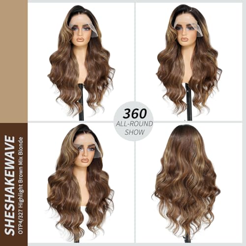 Synthetic Lace Front Wig 13x6 HD Highlight Brown Mix Blonde, 28 Inch Body Wave for Women