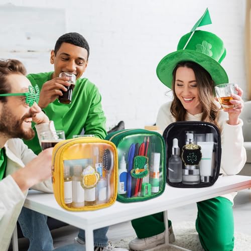 9 Pcs St. Patrick's Day Makeup Bag Set Clear PVC Shamrock Cosmetic Bag with Zipper Transparent Leprechaun Hat Pot of Gold Beer Chenille Makeup Pouch Irish Toiletry Organizer (6 "x 5")