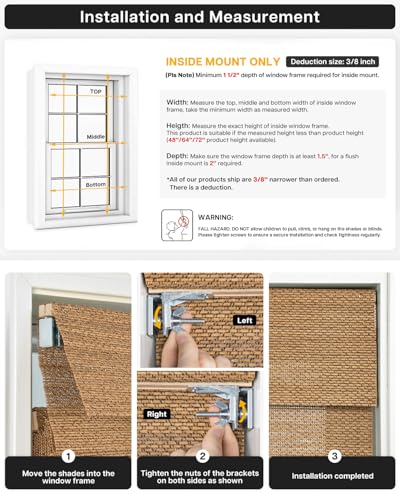 LazBlinds No-Drill Bamboo Roman Shades 20 W x 48 H Star-Brown