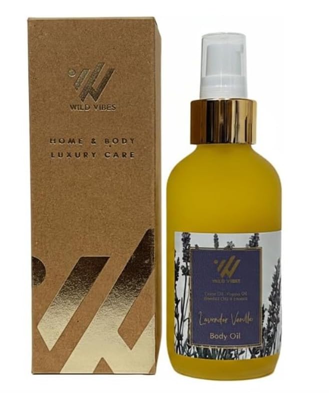 Wild Vibes Lavender Vanilla Body & Massage Oil - Hydrating Jojoba, Papaya & Shea Nut Oils, Vitamin E, Collagen Support, 4oz - All Skin Types