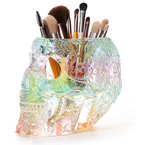 Iridescent Skull Makeup Brush Holder - Gothic Desk Organizer, Pen & Vanity Caddy