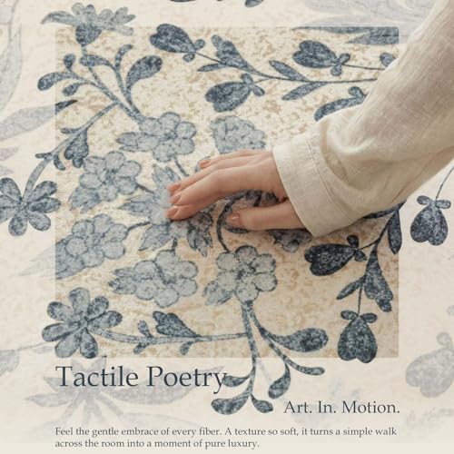 Blue/Cream 5x7 Washable Vintage Floral Area Rug for Living Room - Jinchan