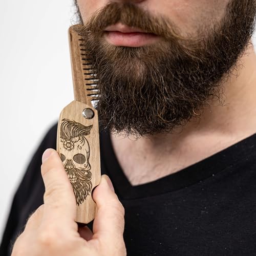 Wooden Beard Comb for Men - Folding Walnut Grooming Tool, Mustache & Hair Brush
