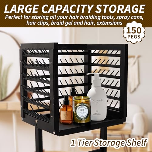 Black Braiding Hair Rack with 150 Pegs, Tri-Sided Stand for Hair Stylists