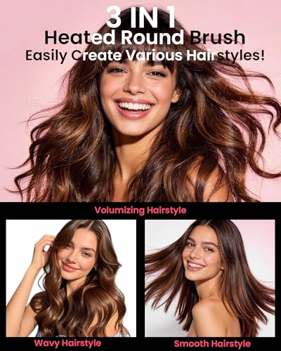 Infrared Thermal Round Hair Brush - Pink, 1.6 Inch Ionic Heated Styling Tool with 6 Heat Settings