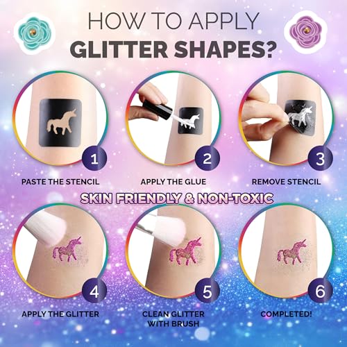 40 Colour - Glitter Tattoos for kids, Glitter tattoo kit, Temporary Tattoos for kids, Face glitter, 200+ Stencils, 40 Colour (10 neon), Rhinestones, Girls birthday present, Face Glitters