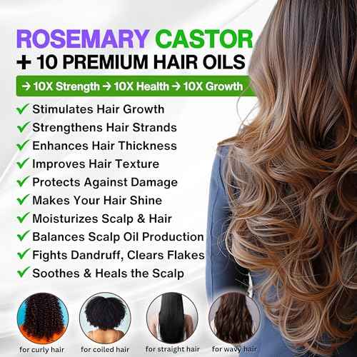 Organic Rosemary Oil For Hair Growth with Castor, Argan, Coconut, Almond, Jojoba, Avocado, Grapeseed, Vitamin E, Lavender & Peppermint for Hair & Scalp Treatment, All Hair Types, Men & Women 8oz