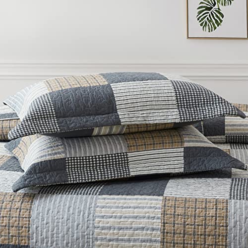 Queen Size Cotton Quilt Set - Reversible Patchwork Bedspread with Pillow Shams - Grey, Brown, Black, White, Tan - 3 Pieces