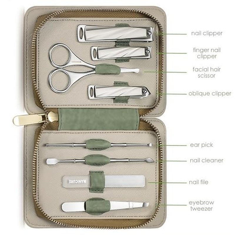 8-Piece Manicure Pedicure Set-Stainless Steel Nail Clippers Toenail Fingernail Cutters with Travel Case Complete Grooming Kit (Green)