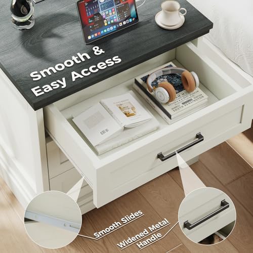 White Farmhouse 3 Drawer Nightstand with Charging Station - Wood & USB Power Hub (23.6''L x 18''W x 24.3''H)