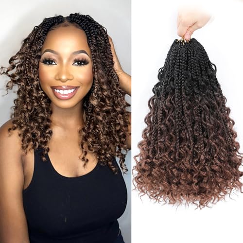 9 Packs 14 Inch Goddess Box Braids Crochet Hair with Curly Ends - Pre-Looped Boho Crochet Braid for Black Women, 1B/4/30#