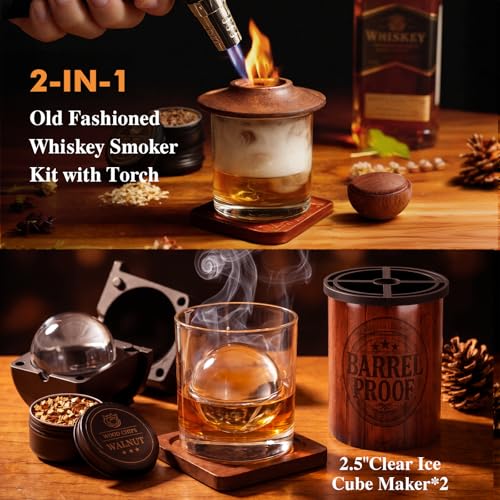 Whiskey Smoker Kit with Torch, 2 Clear Ice Ball Molds & Glasses - Wood Grain Variation