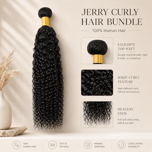 Aikebi 1B Natural Jerry Curly Wave Human Hair Bundles 28 Inch - Unprocessed Brazilian Virgin Hair, Variation #1B Natural J / 28