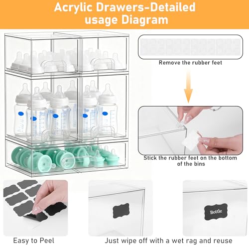 Stackable Storage Drawers Set of 5, Baby Bottle Organizer, Clear Multipurpose Storage for Countertop - Organize Kitchen, Vanity, Bathroom Cabinet & Pantry Supplies