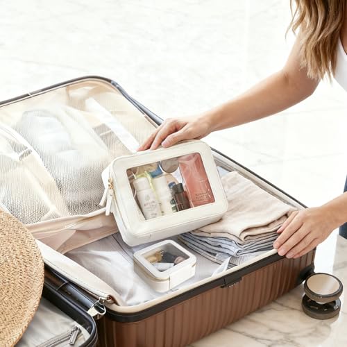 Clear Makeup Bag Organizer Set,Portable Travel Toiletry Case for Women, Vegan Leather Cosmetic Pouch Car Bag for Essentials 2pcs,Middle & Large,Beige