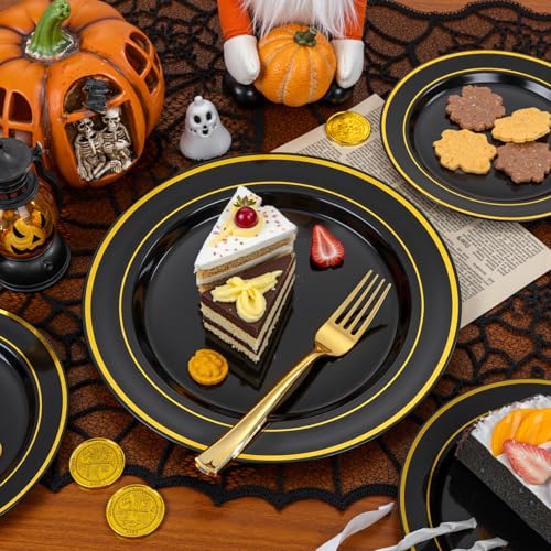 Black and Gold Disposable Plastic Plates Set for Parties - Heavy Duty, 200 Pieces - Halloween, Wedding, Birthday