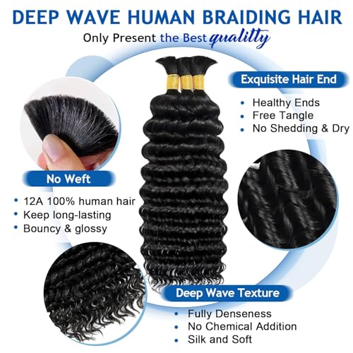 Human Braiding Hair - Deep Wave Bulk 18 Inch 110g Natural #1B - Boho Braid Extensions