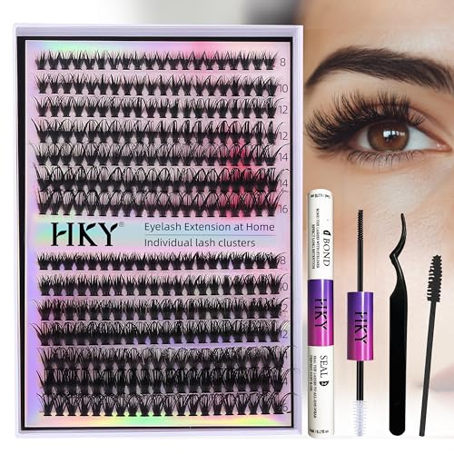 HKY Lash Clusters Kit 8-16mm 30D-40D Wispy Eyelash Clusters Lashes Natural DIY Lash Extension Kit Cluster Eyelash Extensions Kit 280pcs C Curl Individual Lashes Cluster Eyelash (With Tweezers)