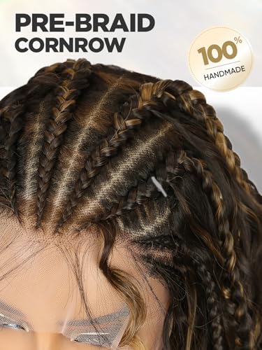 Blonde Highlight 13x6 Lace Front Braided Wig for Black Women 26 Inch Curly Cornrow Boho Wig with Face Framing