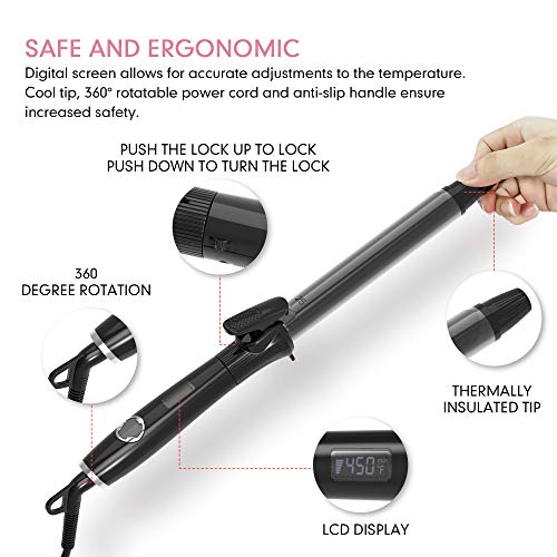 Black 1.25 Inch Curling Iron with Tourmaline Ceramic Barrel - Up to 450°F, Dual Voltage, Auto Off, Travel Ready