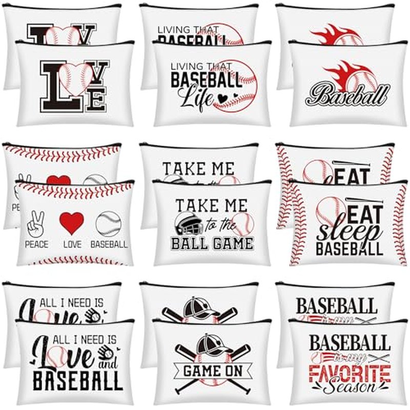 18 Pcs Baseball Makeup Bags Baseball Gifts Sport Cosmetic Bag Baseball Player Gifts Canvas Baseball Bags with Zipper for Women Girls Baseball Lovers Team Party Favors