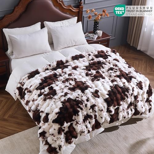 PLUUSHUU Cow Print Brown Faux Fur Throw Blanket 108x90 Inch for Couch & Bedroom