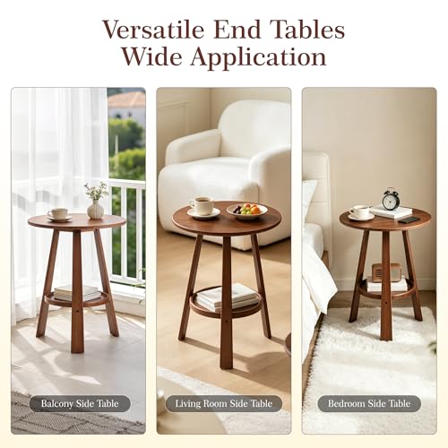 Brown 2-Tier Bamboo Round Side Table - Mid-Century Modern End Table