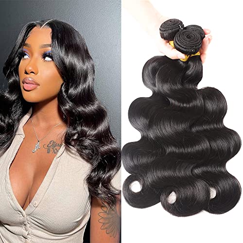 AIMAKER Human Hair Bundles Body Wave 16-20 Inch Black 3 Pack Unprocessed Brazilian Virgin Hair