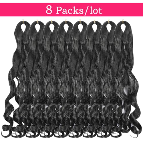 French Curly Braiding Hair 18 Inch 8 Packs - Pre-Stretched Wavy Synthetic Extensions Black