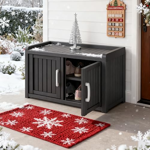 Outdoor Waterproof Shoe Storage Bench - Double Door, Midnight Black