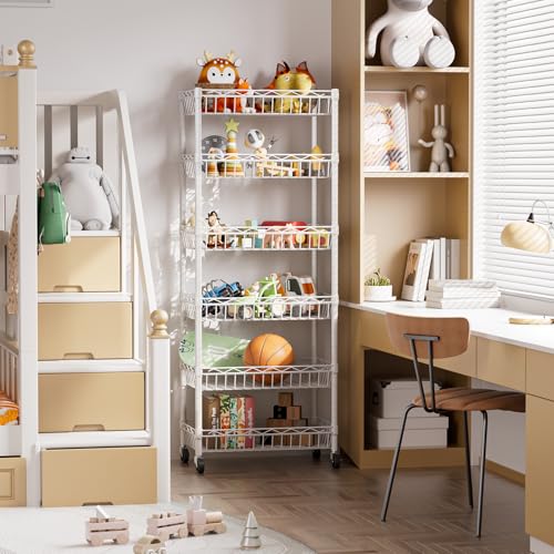 6-Tier Adjustable Wire Shelving Rack with Wheels and Baskets - White, 17x12x63 inches