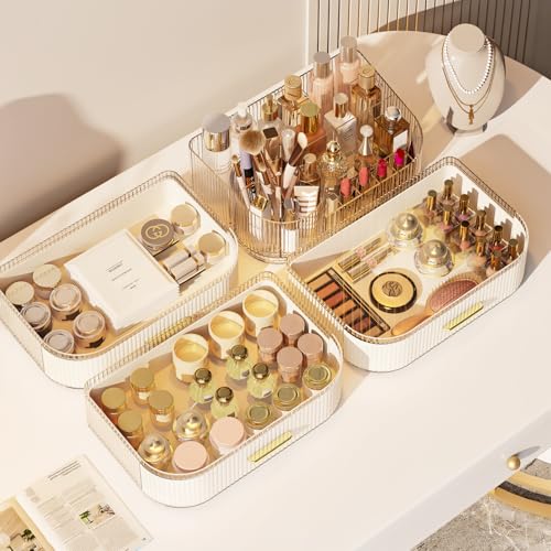 Makeup Organizer with 360 Rotating Brush Holder and Stackable Drawers, Cosmetic Display Case for Vanity, Bathroom Countertop (White, 3 Layer)