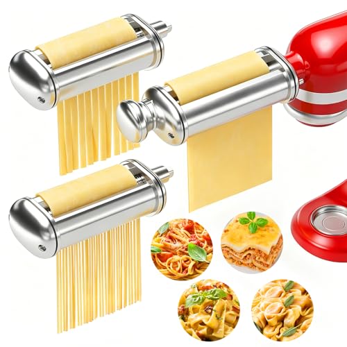 3-Piece Pasta Maker Attachment Set for KitchenAid & Cuisinart Mixers - Stainless Steel with Spaghetti & Fettuccine Cutters, Adjustable Thickness