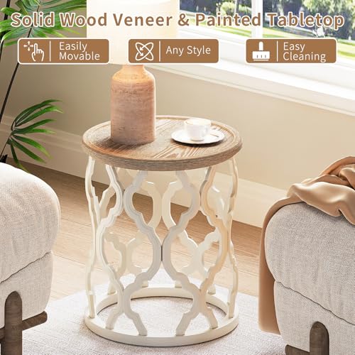 Farmhouse End Table with Tray - French Country Round Side Table Beige 18.5 In - Karlott