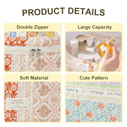 3Pcs Makeup Bag Cotton Quilted Travel Cosmetic Bag Cute Floral Makeup Pouch Large Toiletry Bag for Women Girls (Flower stitching)