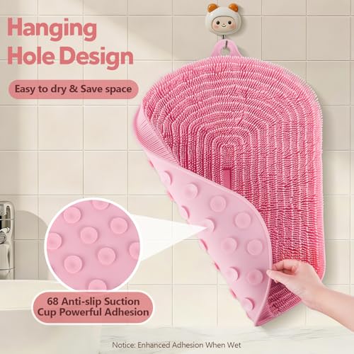Silicone Shower Foot Scrubber Mat 21x14 Inch Pink Non-Slip Bath Mat