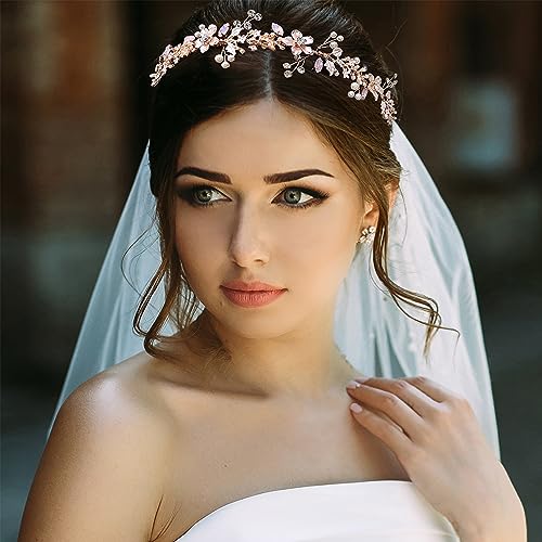 Rose Gold Bridal Headpiece with Flowers Pearls and Rhinestones - Wedding Hair Vine
