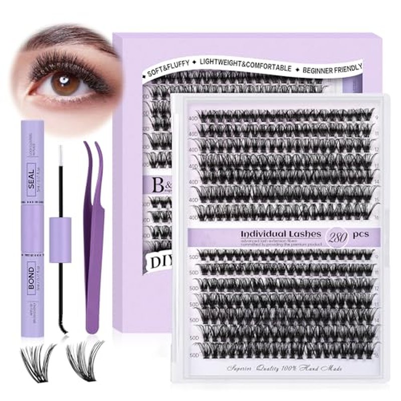 DIY Lash Extension Kit 280pcs Individual Lashes Cluster D Curl Eyelash Extension Kit Lash Clusters with Lash Bond and Seal and Lash Applicator Tool for Self Application (KIT,40D+50D-0.07C-9-16MIX)